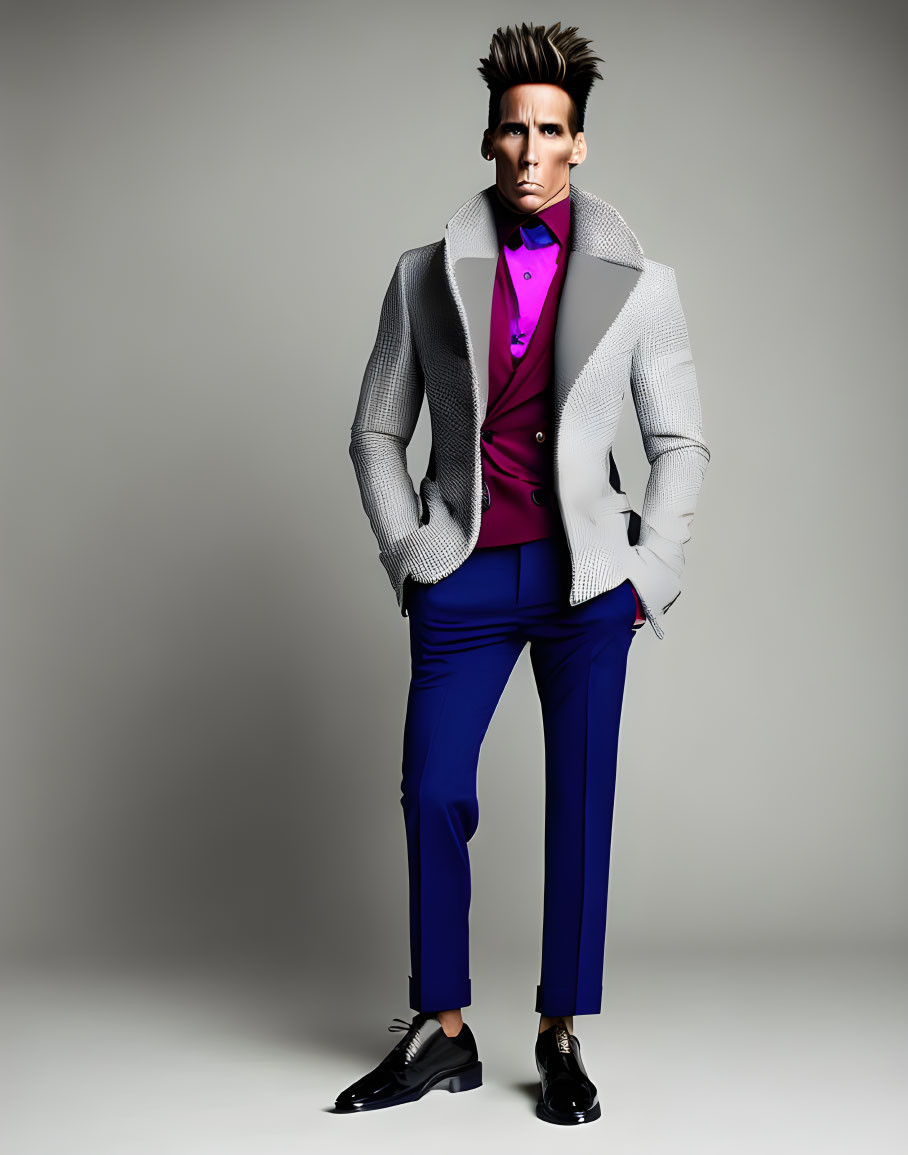 Fashion-forward man in grey blazer, purple shirt, blue trousers, and black shoes