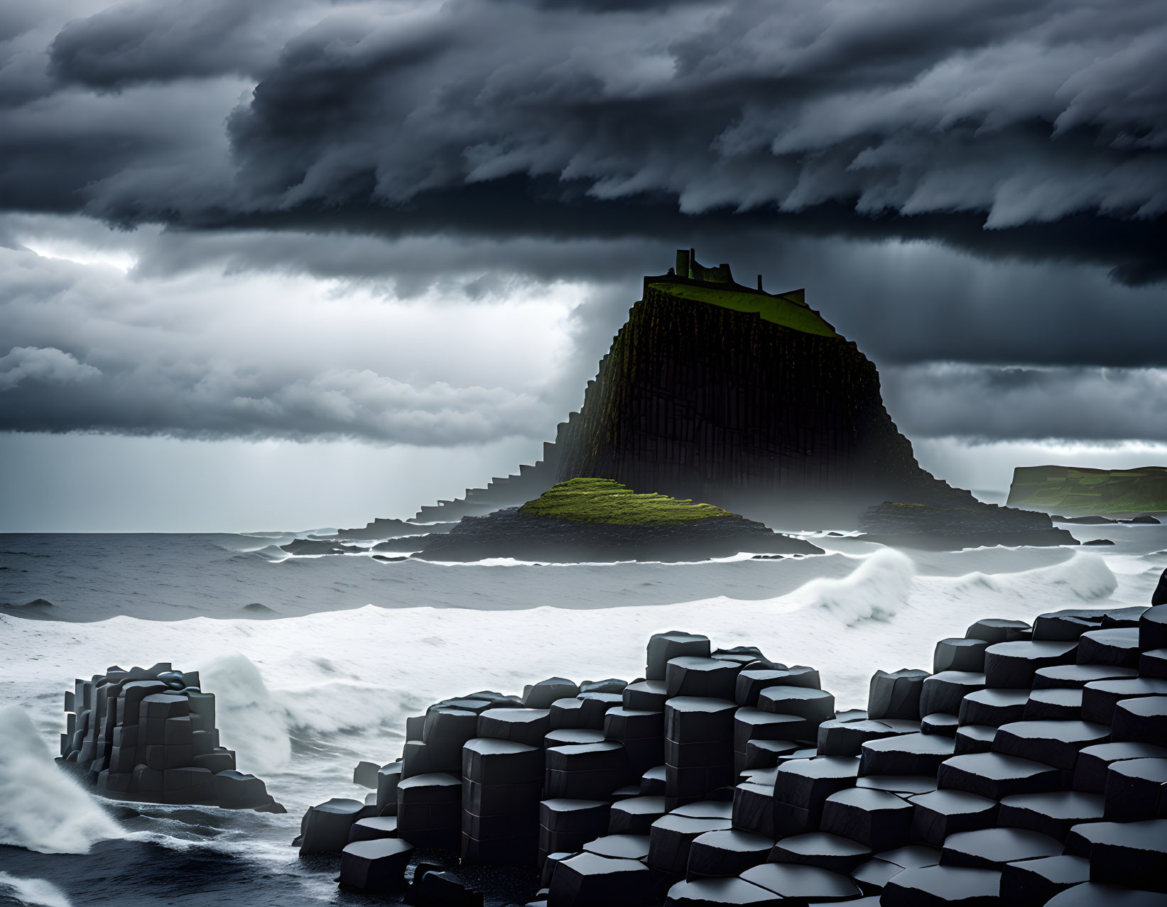 Stormy seascape with dramatic basalt columns & crashing waves