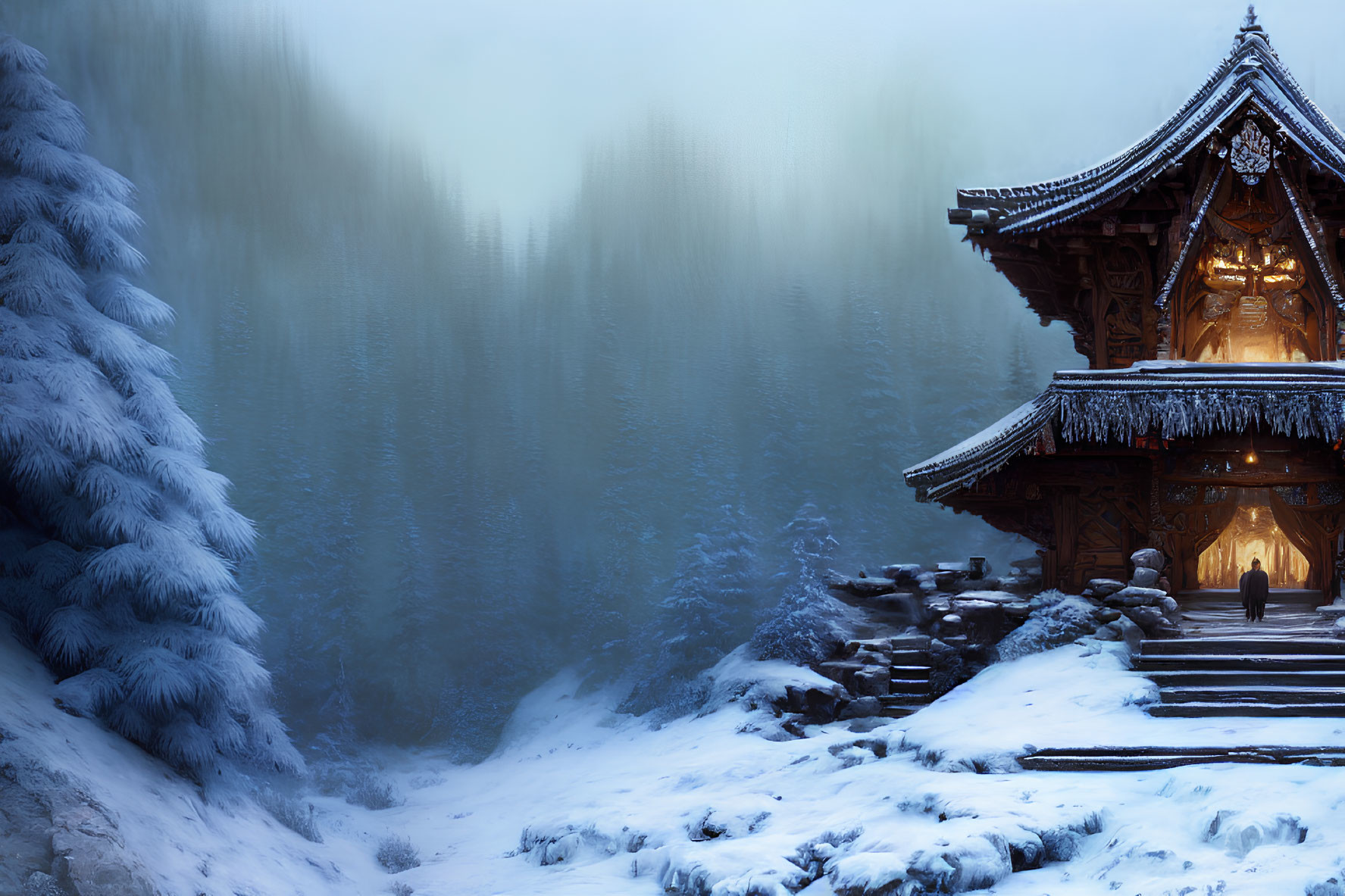 Snowy Landscape: Wooden Temple in Twilight Sky