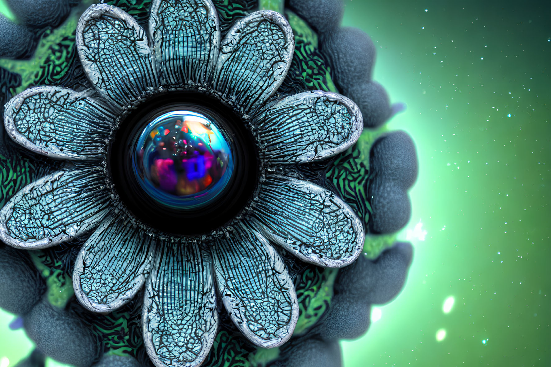 Detailed Macro Shot of Futuristic Flower with Reflective Sphere and Petal-like Structures Against Celestial Background