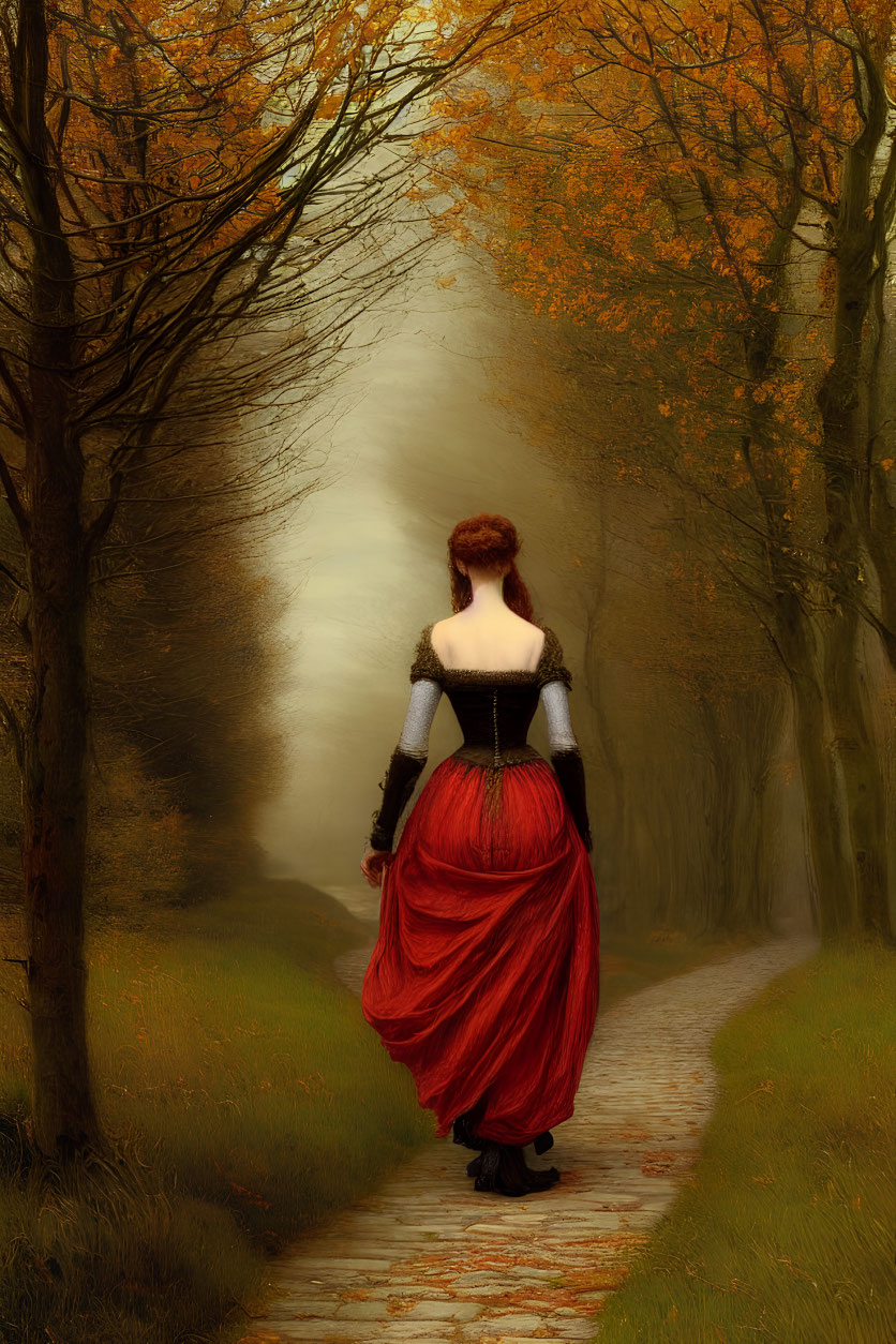 Woman in vintage red and black dress strolls misty autumn path