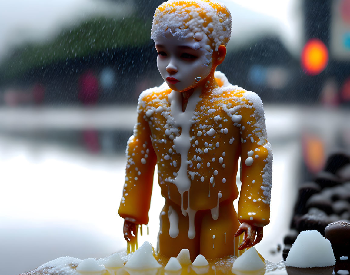 Small Figure Covered in White Sprinkles in Cityscape Setting