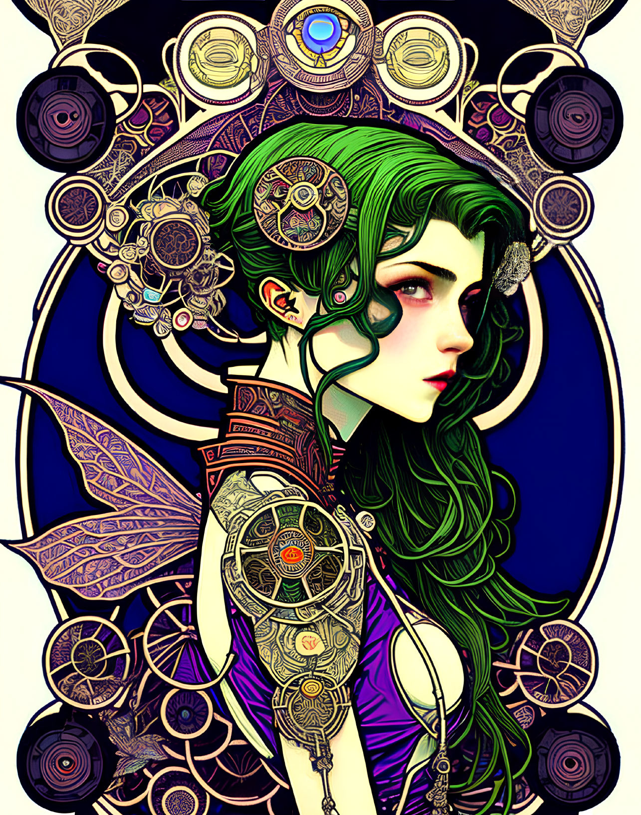 Steampunk-themed illustration of a green-haired female with mechanical wings in a decorative circular setting