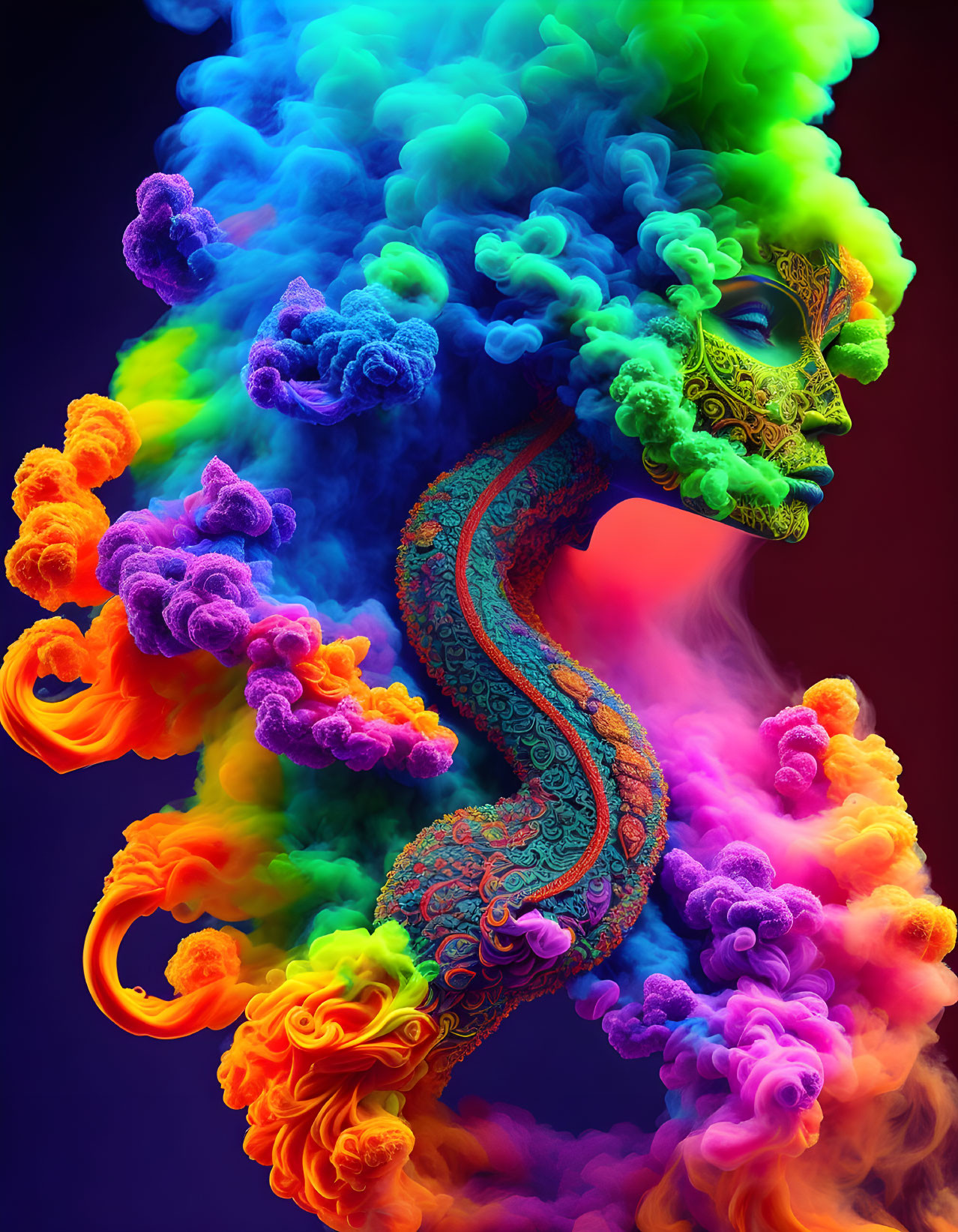 Colorful digital artwork of ornate mask in swirling smoke clouds