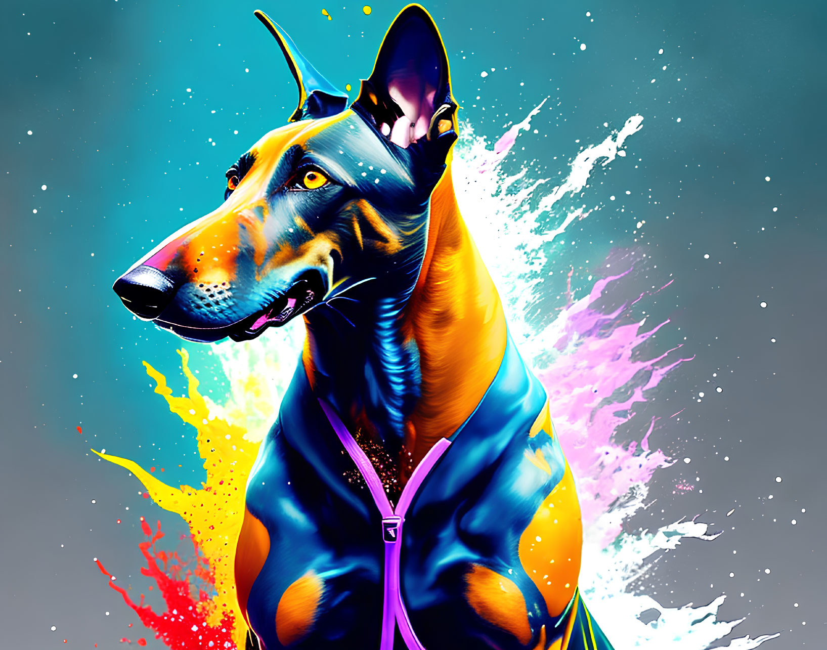 Colorful Digital Art of Doberman Pinscher with Cosmic Background