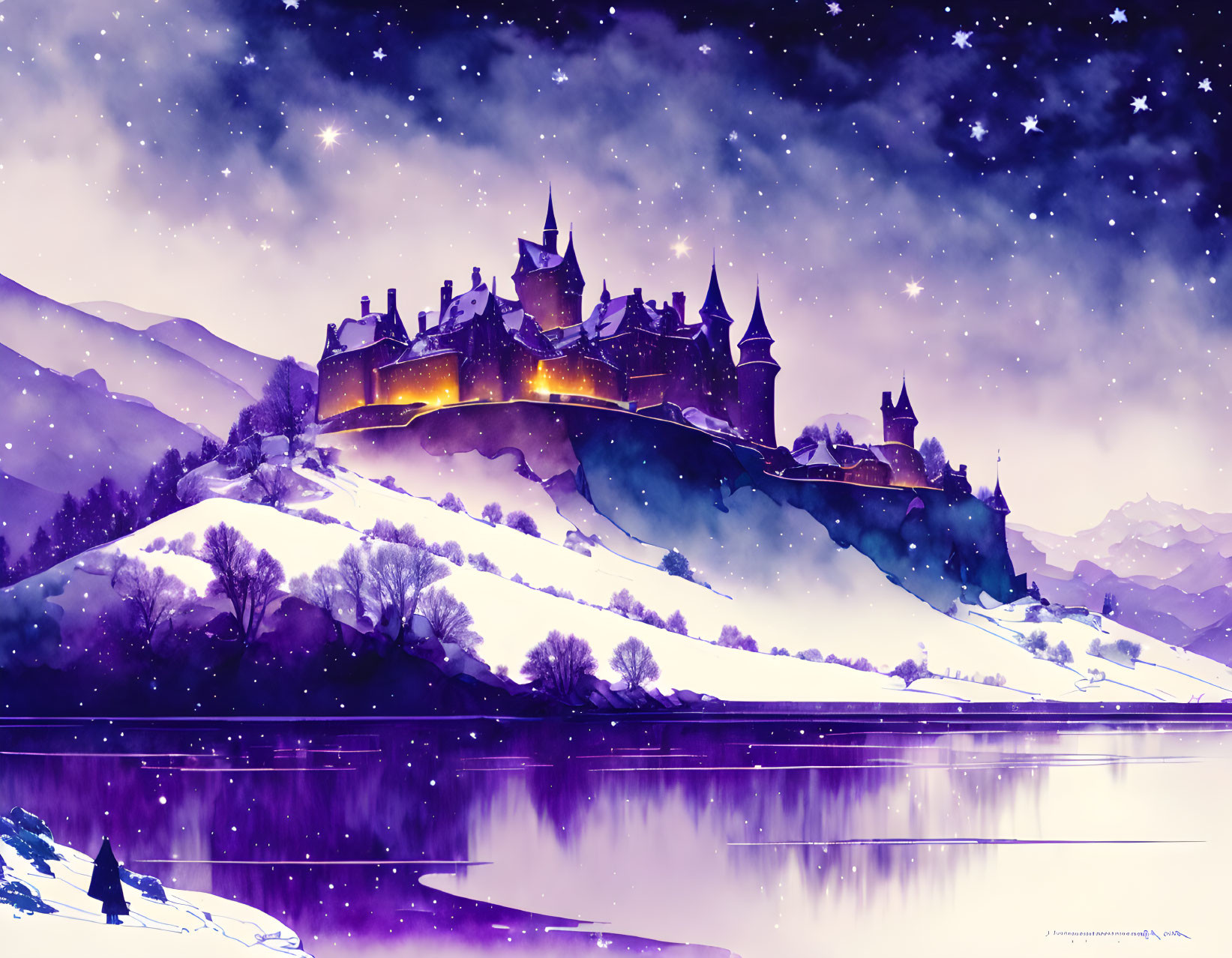 Snow-covered castle on hill at night with stars and lake in tranquil winter scene