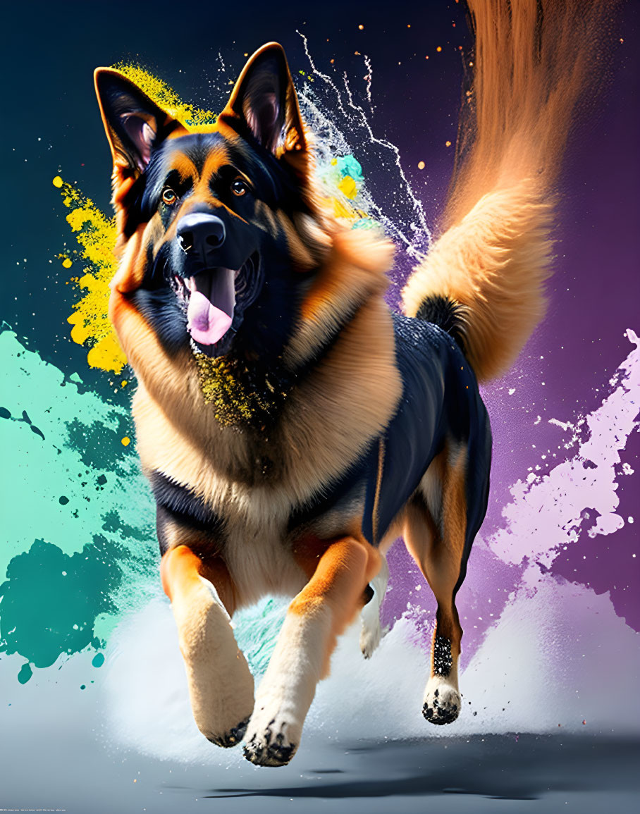 German Shepherd mid-leap with tongue out in vibrant paint-like background