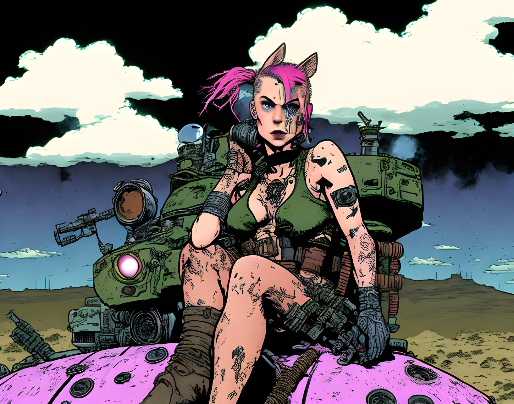 Illustration of punk-style woman with pink hair on futuristic tank in desolate landscape