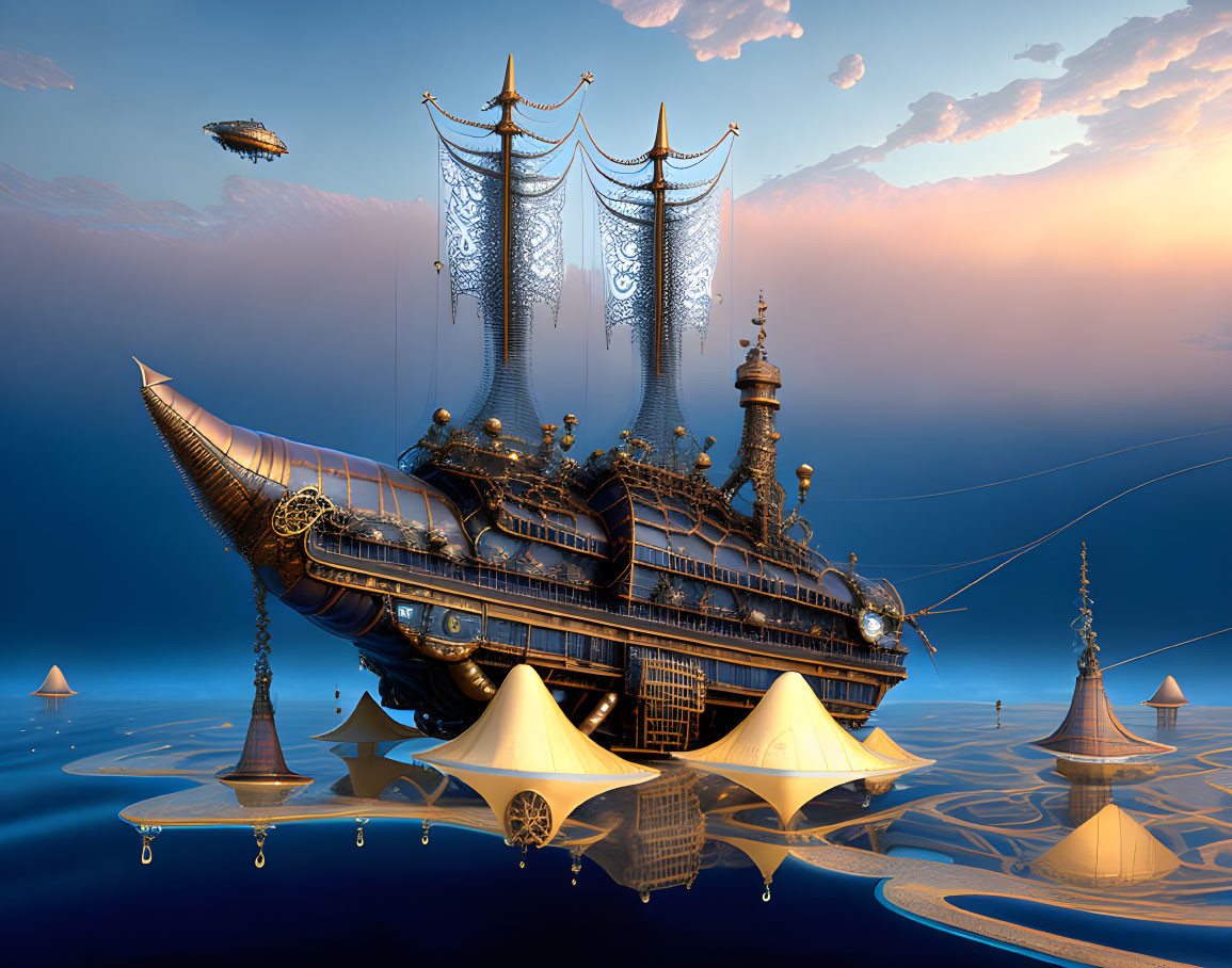 Steampunk-style ship with ornate sails above water near pyramidal structures and distant airship