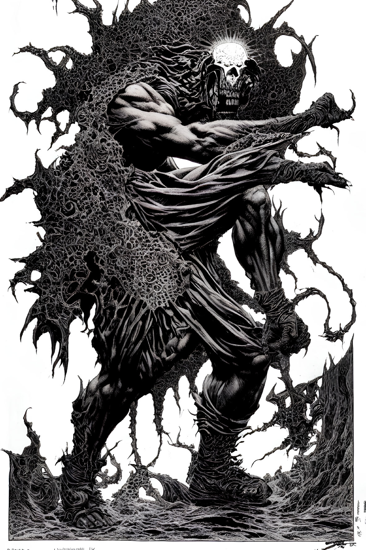 Detailed black and white illustration of muscular skeletal figure in torn fabrics amidst intricate darkness.