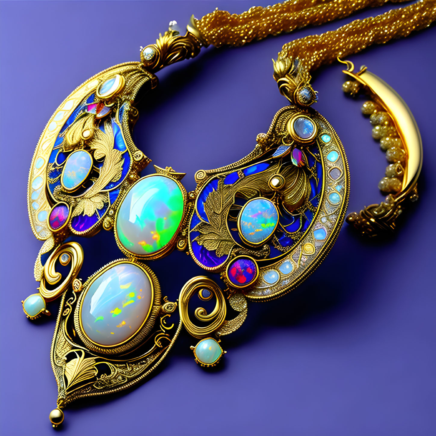 Luxurious Gold Necklace with Opal Gemstones on Purple Background