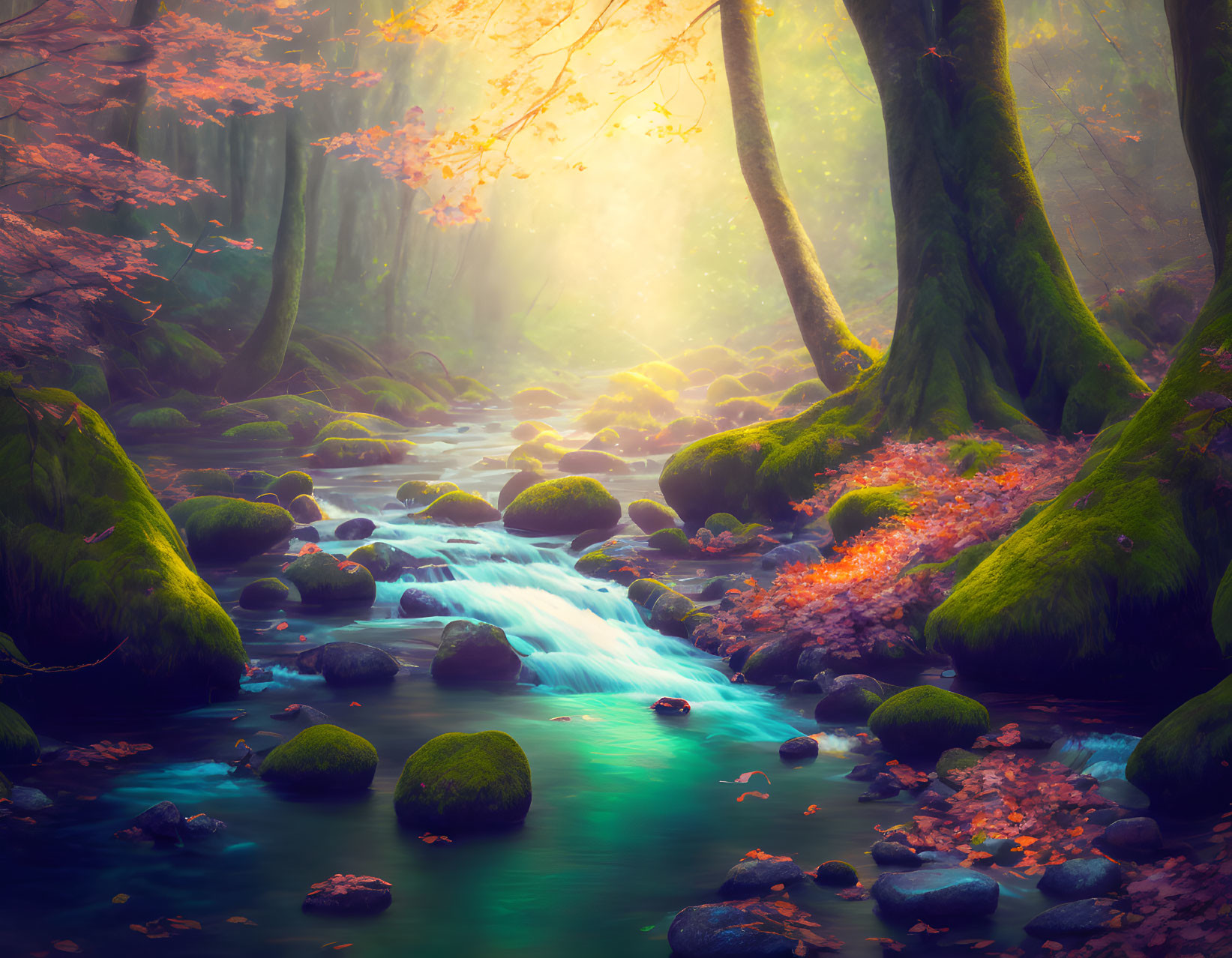 Tranquil Forest Scene with Stream and Sunbeams