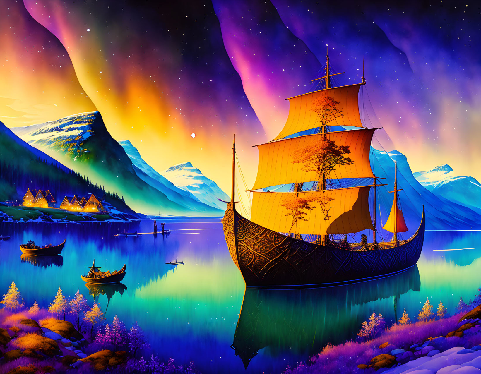 Colorful digital art: tall ship on calm lake with aurora skies, mountains, cottages,