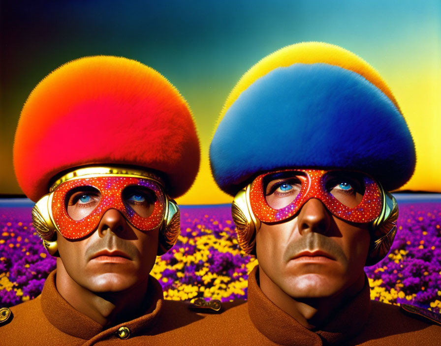 Two people in colorful furry hats and futuristic sunglasses on vibrant floral backdrop