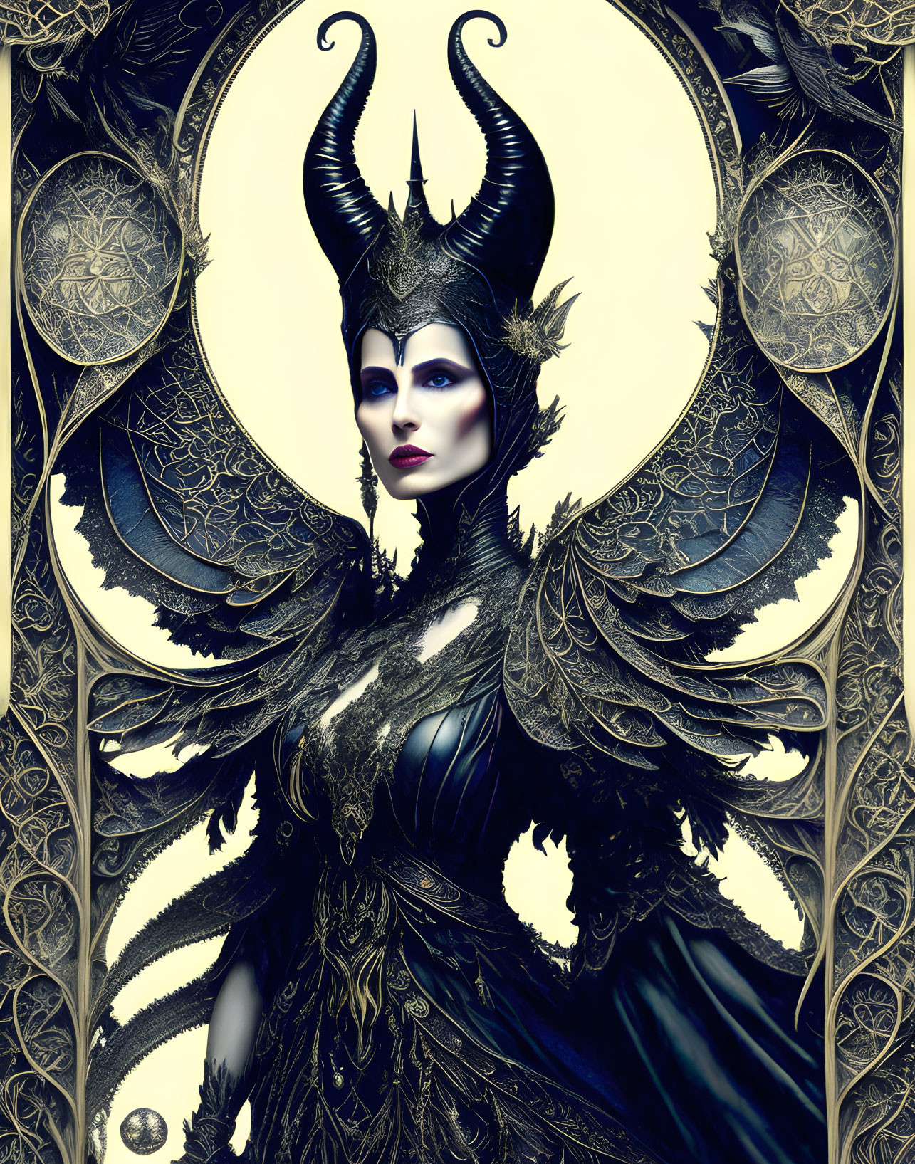 Gothic woman with dark feathered attire and horned headdress in ornate image