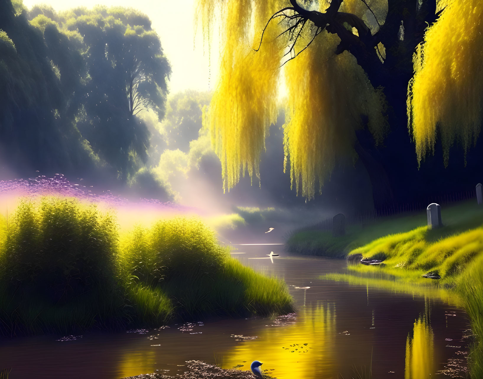 Tranquil river landscape with weeping willow tree and morning mist