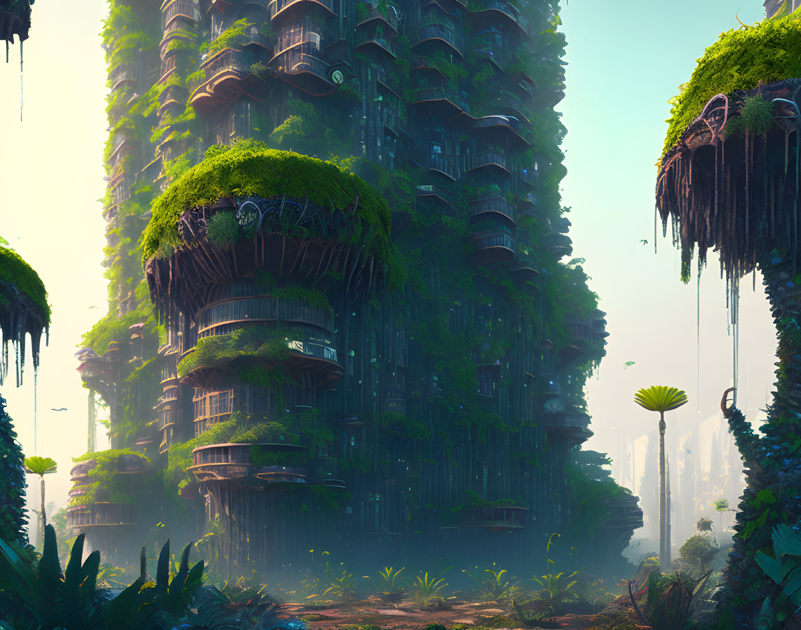 Overgrown ruins in lush forest with towering trees and hanging gardens