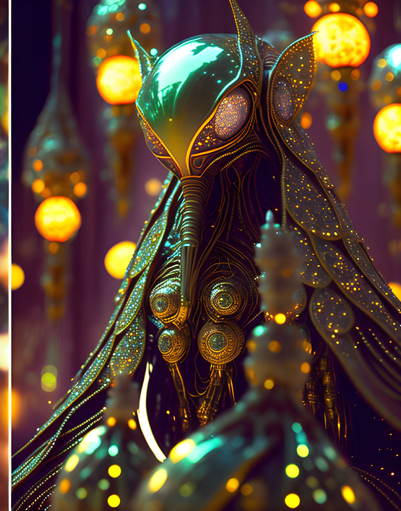 Intricate futuristic figure with glowing helmet and golden lights