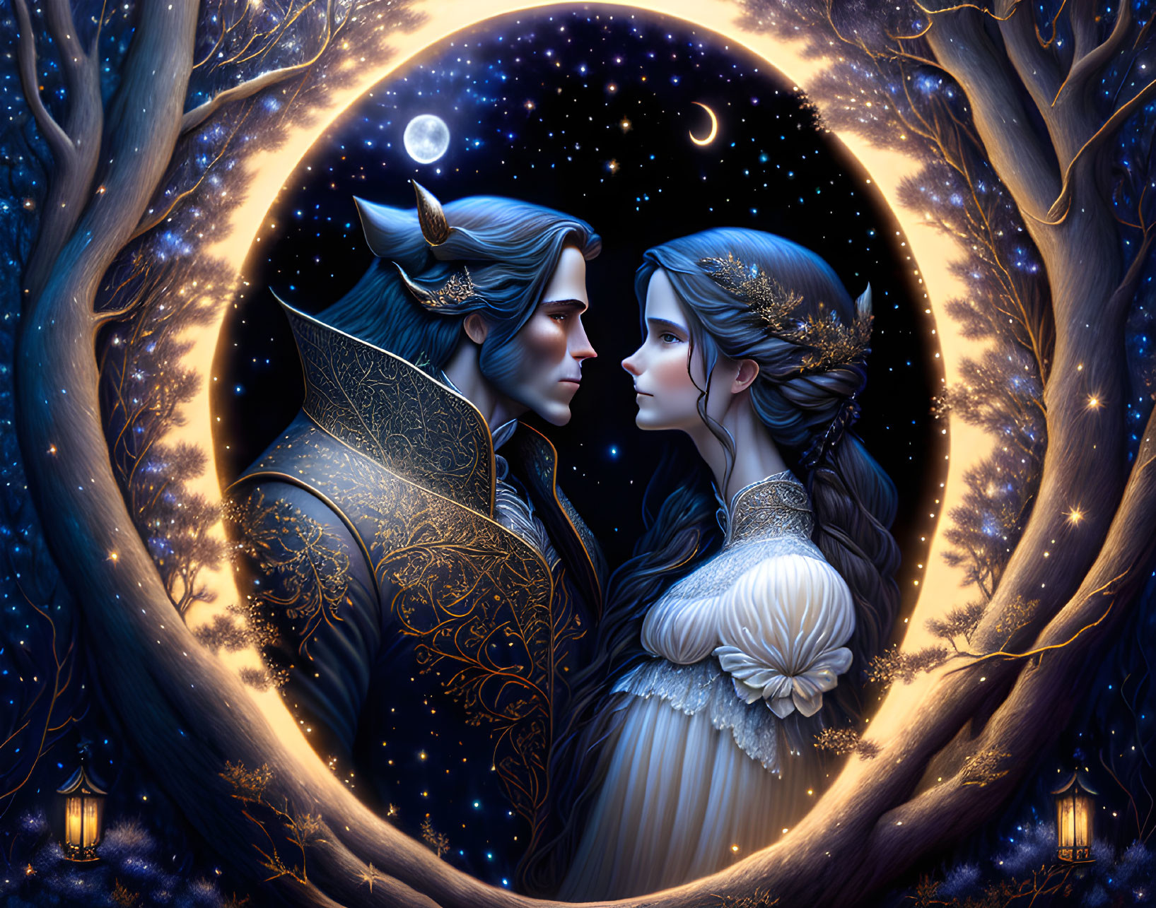 Elf couple embracing in starry night with crescent moon.