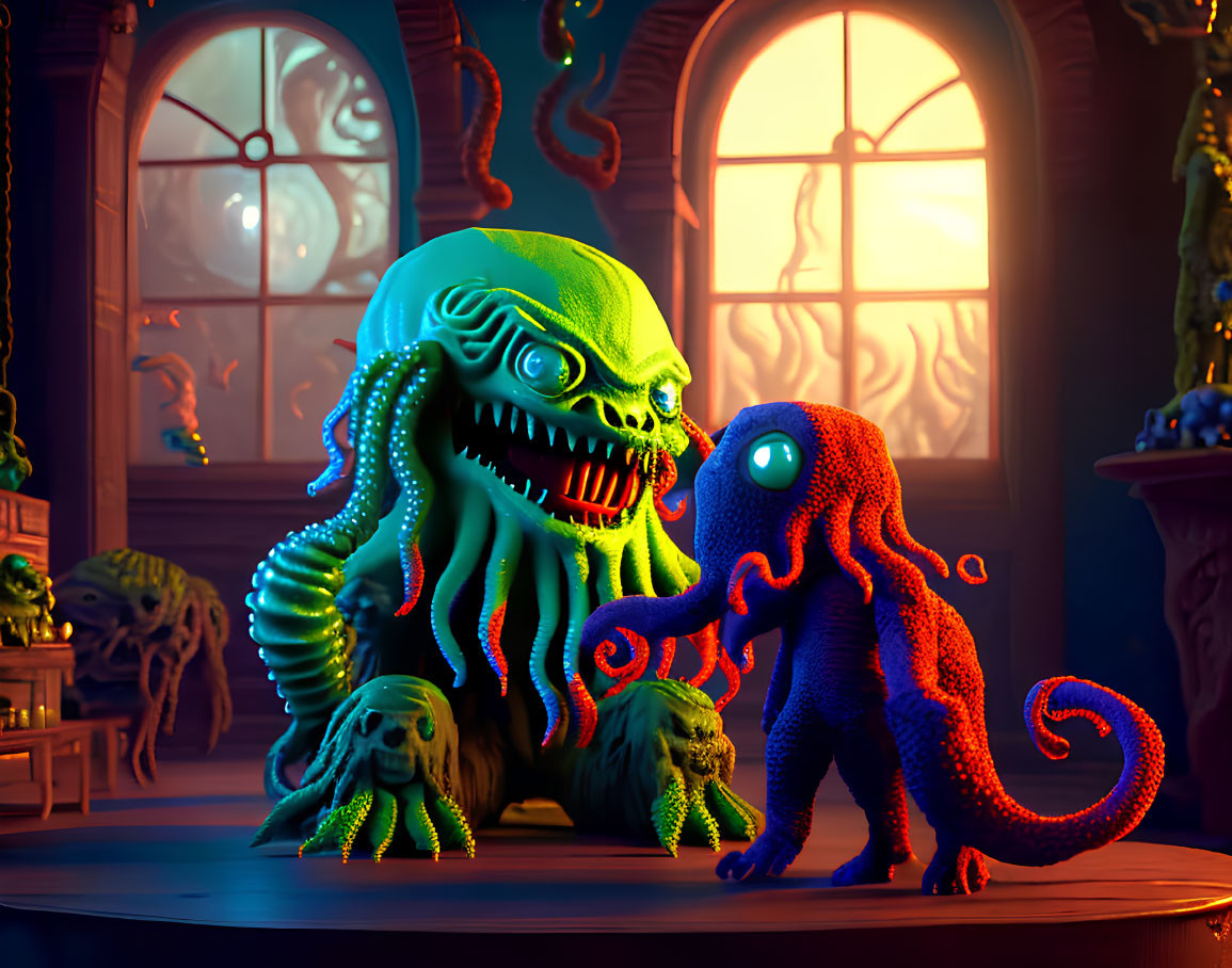 Two creatures in dark room with skull-like structures