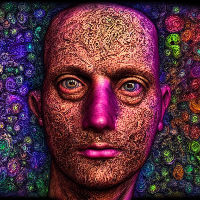 Colorful Psychedelic Portrait with Intricate Patterns and Swirling Background