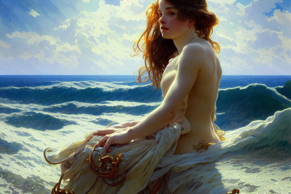 Woman with flowing red hair by turbulent sea under sunlight