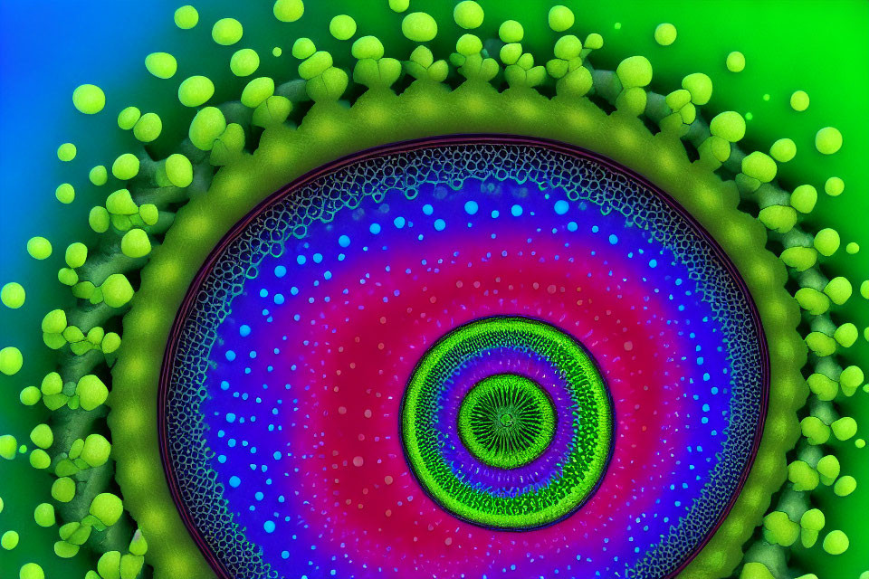 Colorful Abstract Art: Central Circular Rainbow Pattern with Green Background