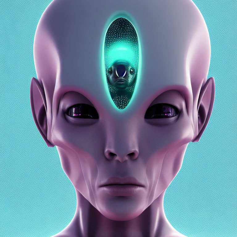 Extraterrestrial face with black eyes and small alien figure on glowing forehead