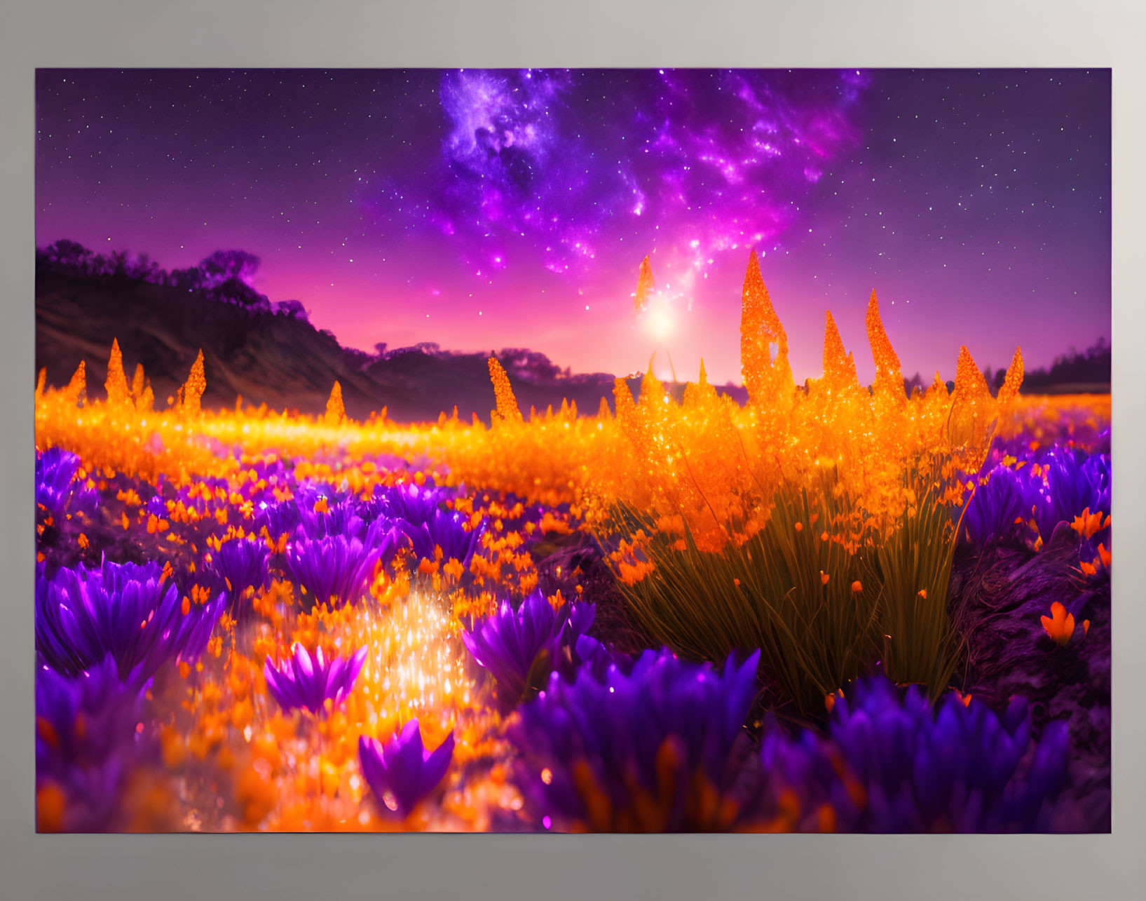 Vibrant purple and orange flowers under starry night sky with nebula.