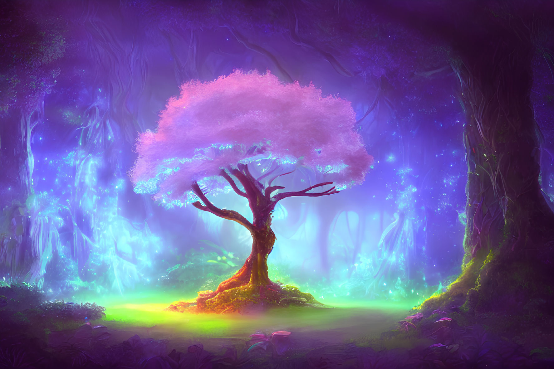 Fantasy forest with purple and blue hues, solitary tree with pink foliage