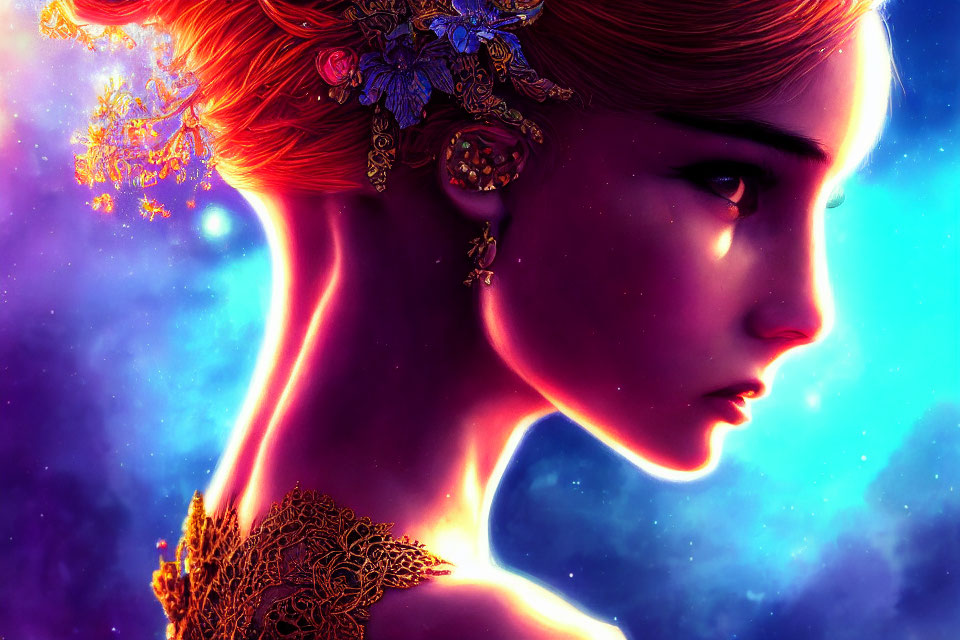 Vibrant digital portrait: Woman with red hair and gold adornments on cosmic purple backdrop