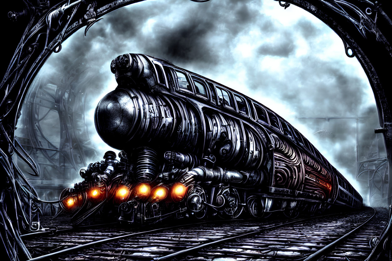 Glowing futuristic train emerges from tunnel under stormy sky