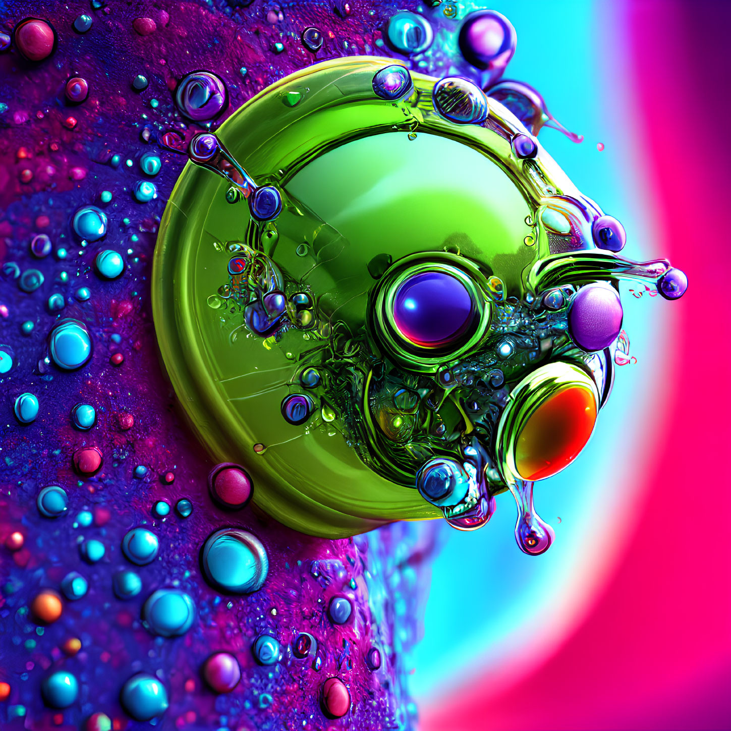 Vibrant abstract art with glossy green sphere and colorful bubbles on textured background