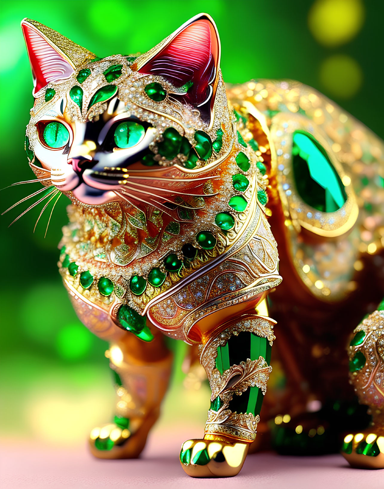 Ornate jewel-encrusted cat figurine with emerald eyes on green background