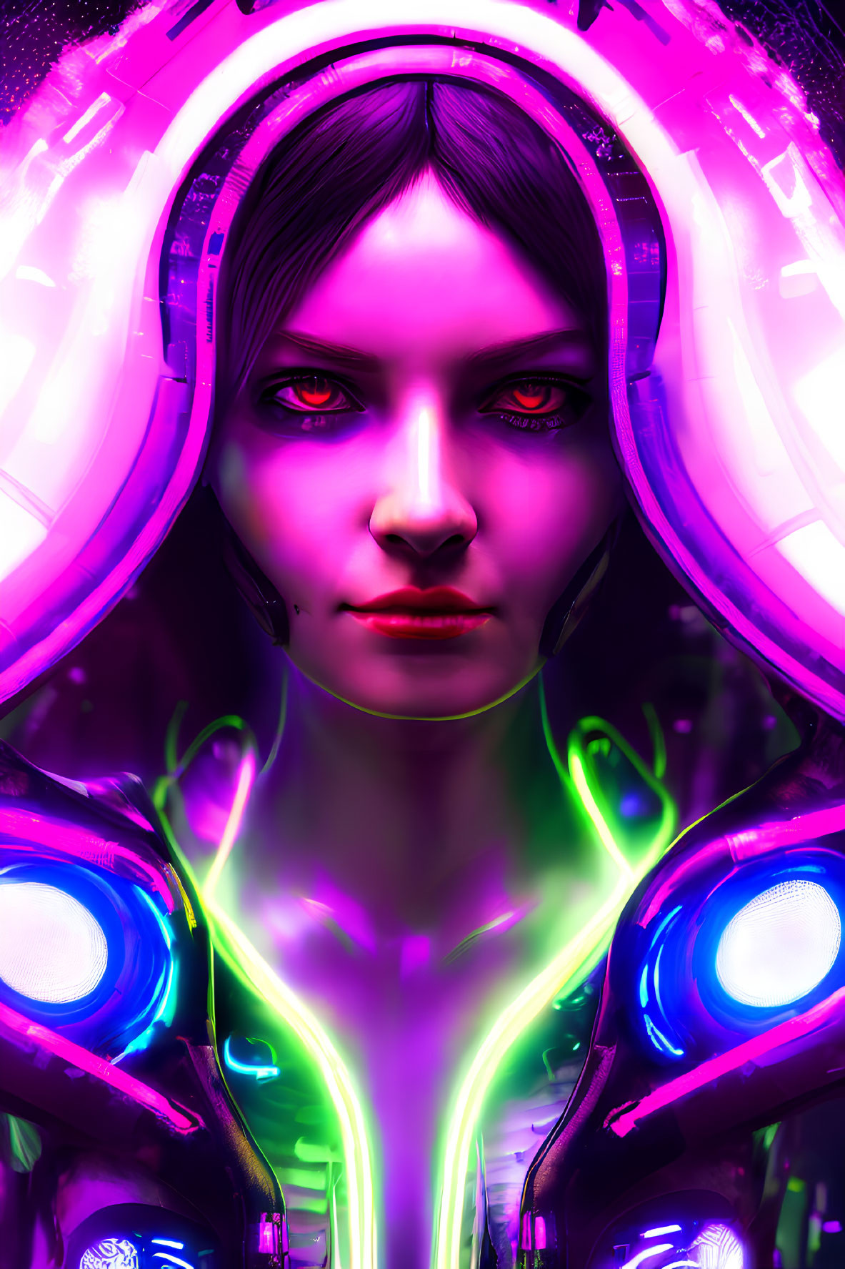 Futuristic female in glowing cyberpunk suit with headset amid neon lights
