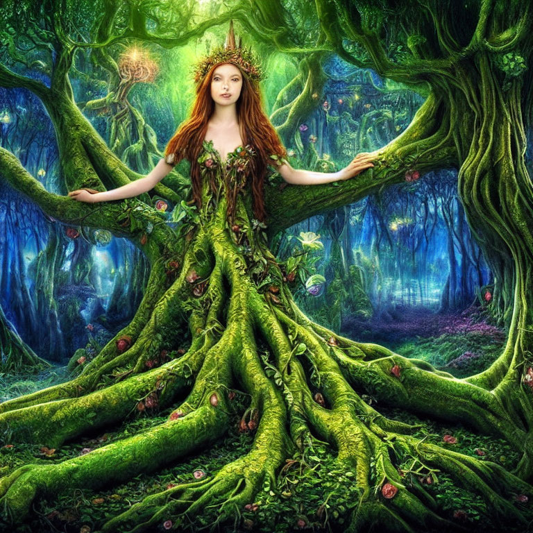 Red-haired woman with crown merges with tree roots in green woodland