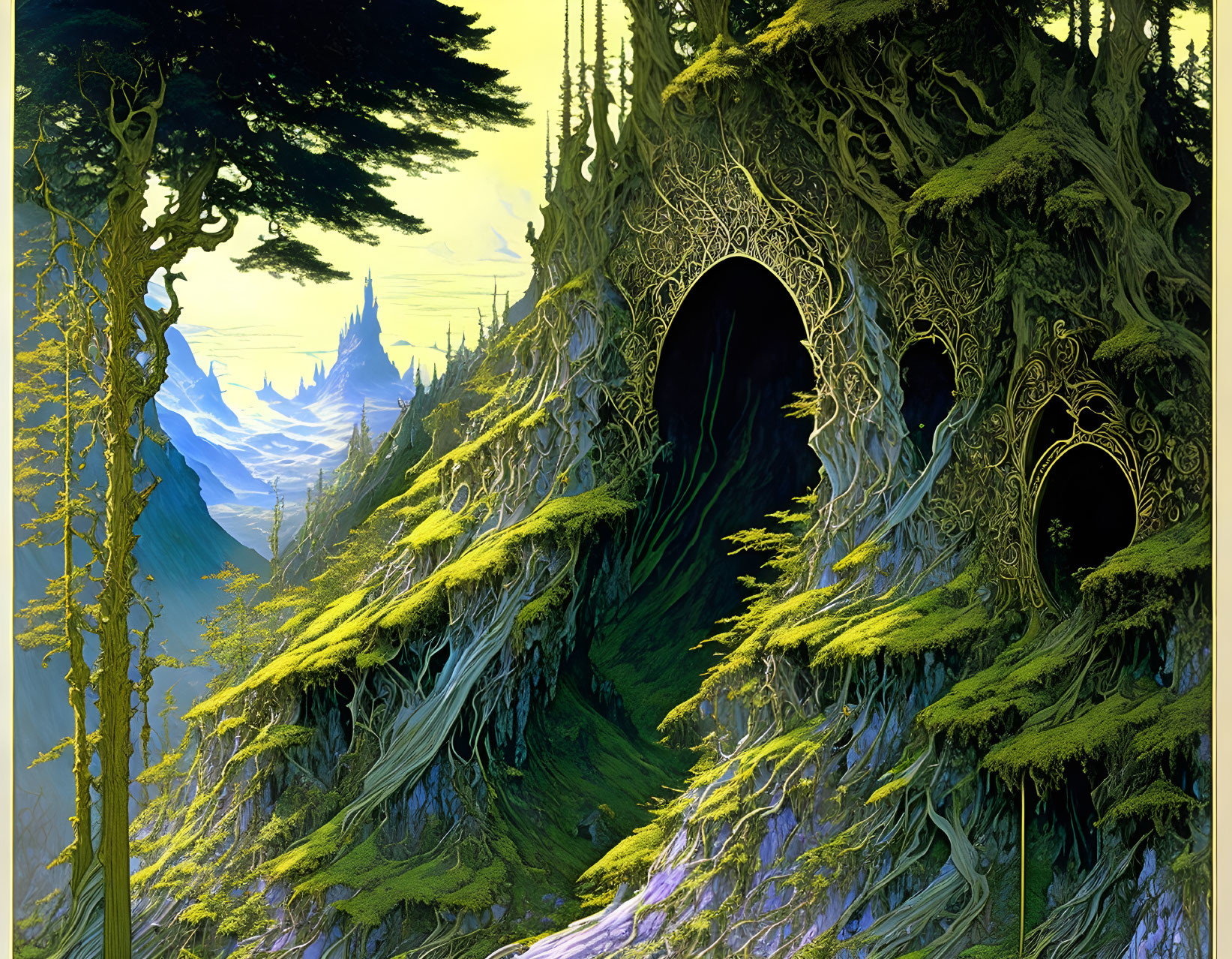 Lush green trees and intricate tree hollows in fantasy landscape