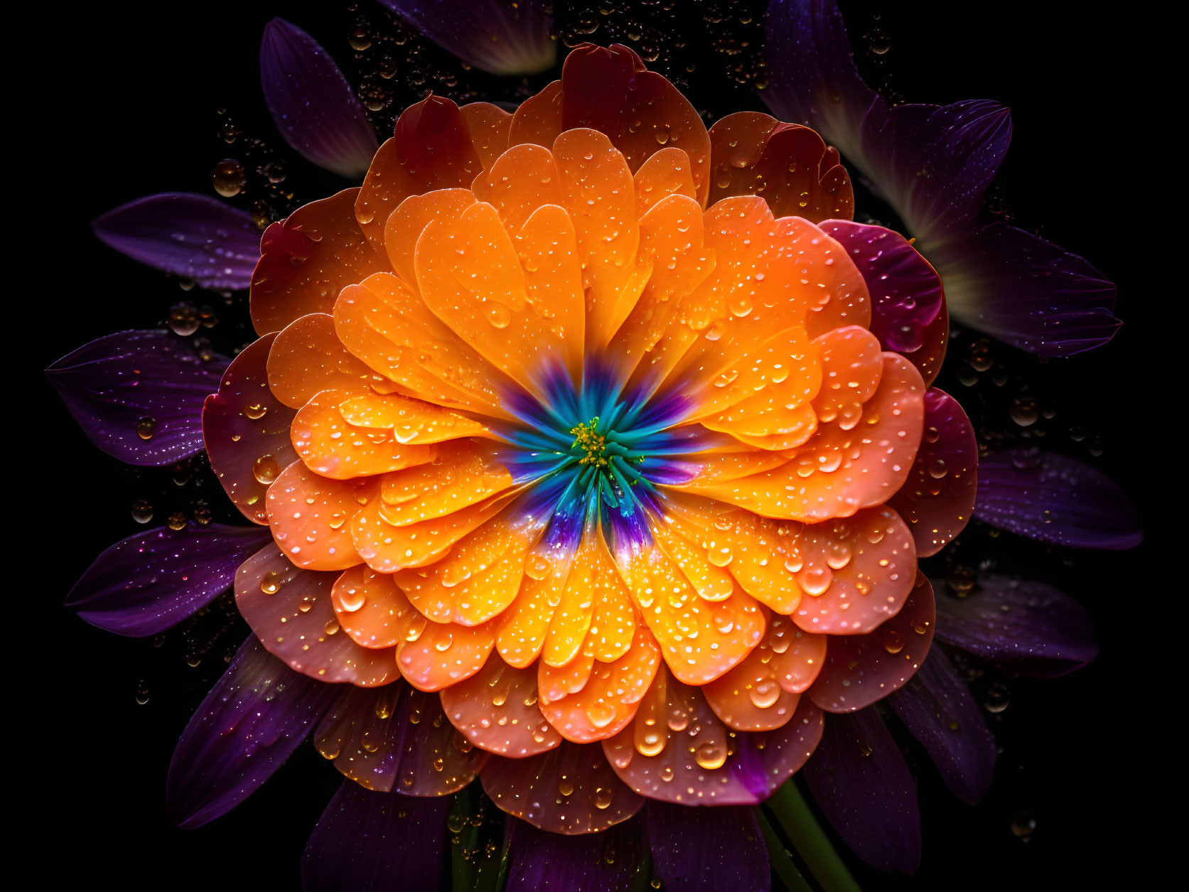 Vibrant Orange Flower with Water Droplets and Purple Leaves on Dark Background