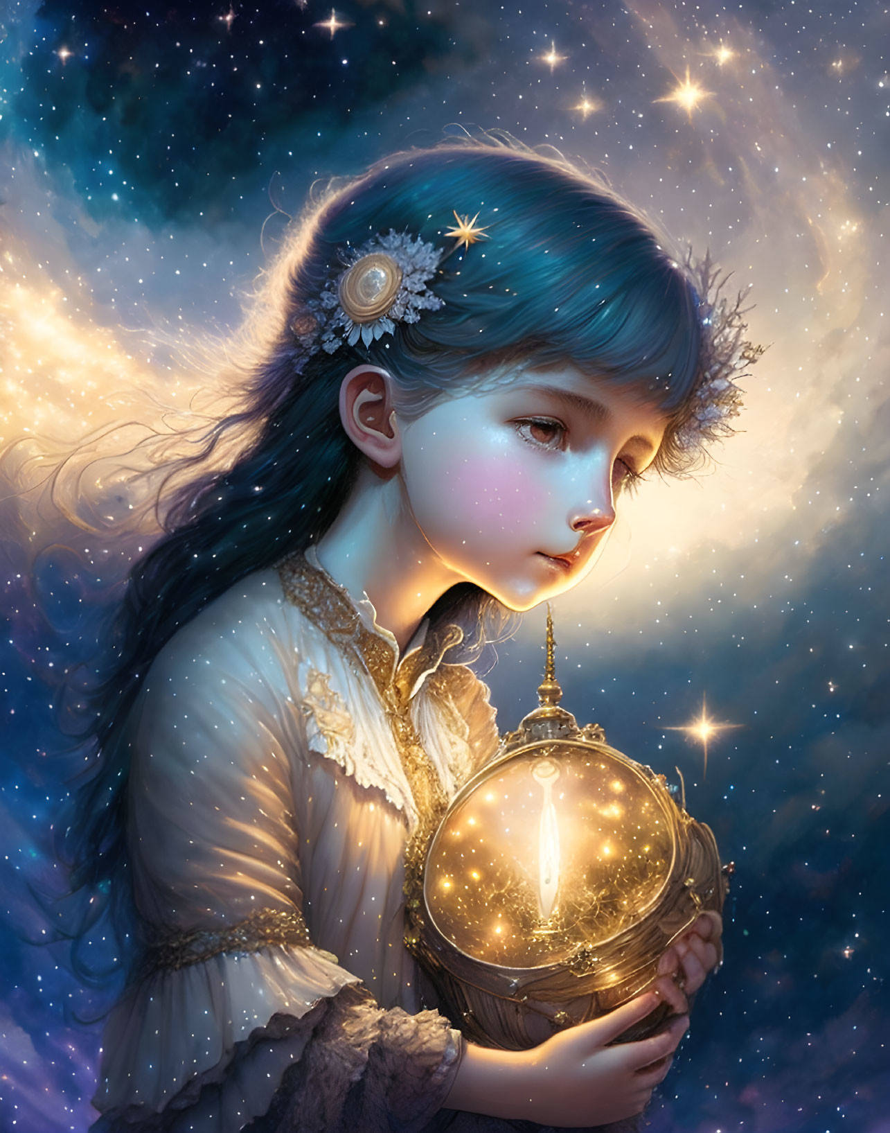 Blue-haired girl with lantern in celestial setting and vintage attire