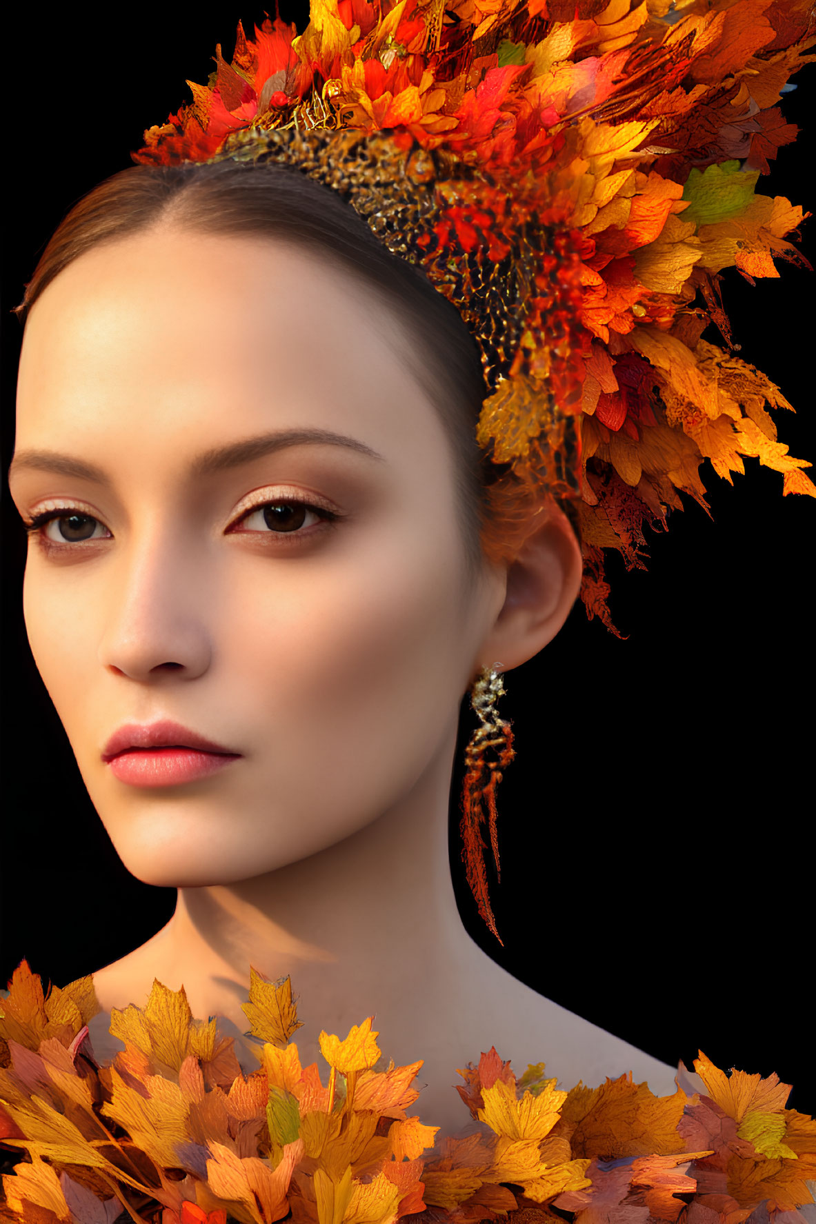 Serene woman with autumn leaf crown on black background