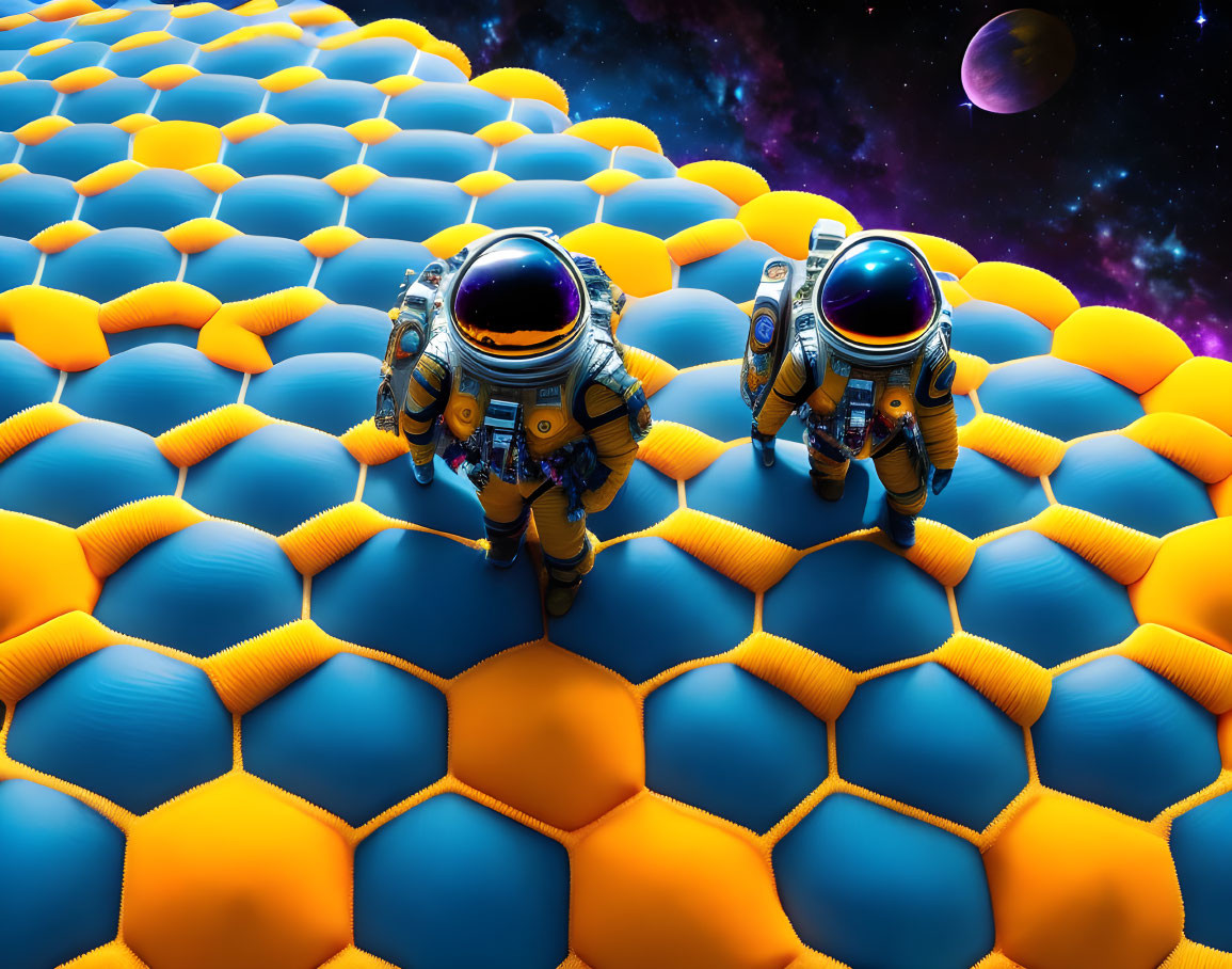 Astronauts on surreal hexagonal surface with cosmic backdrop