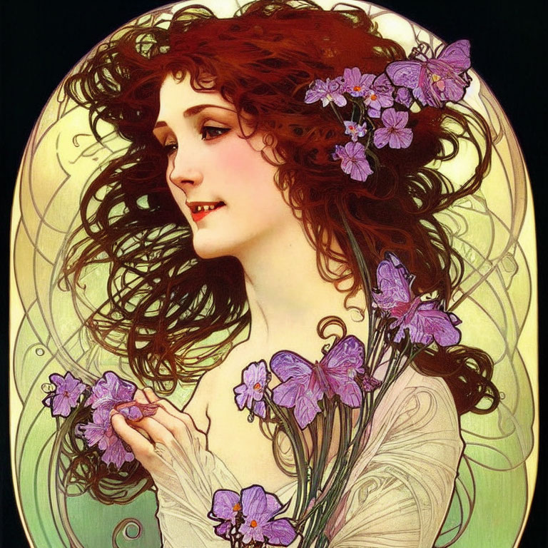 Woman with flowing hair and purple flower adornments in Art Nouveau style