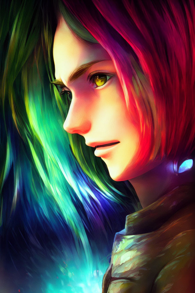 Vibrant digital art: person with green eyes and hair shifting from dark to bright red