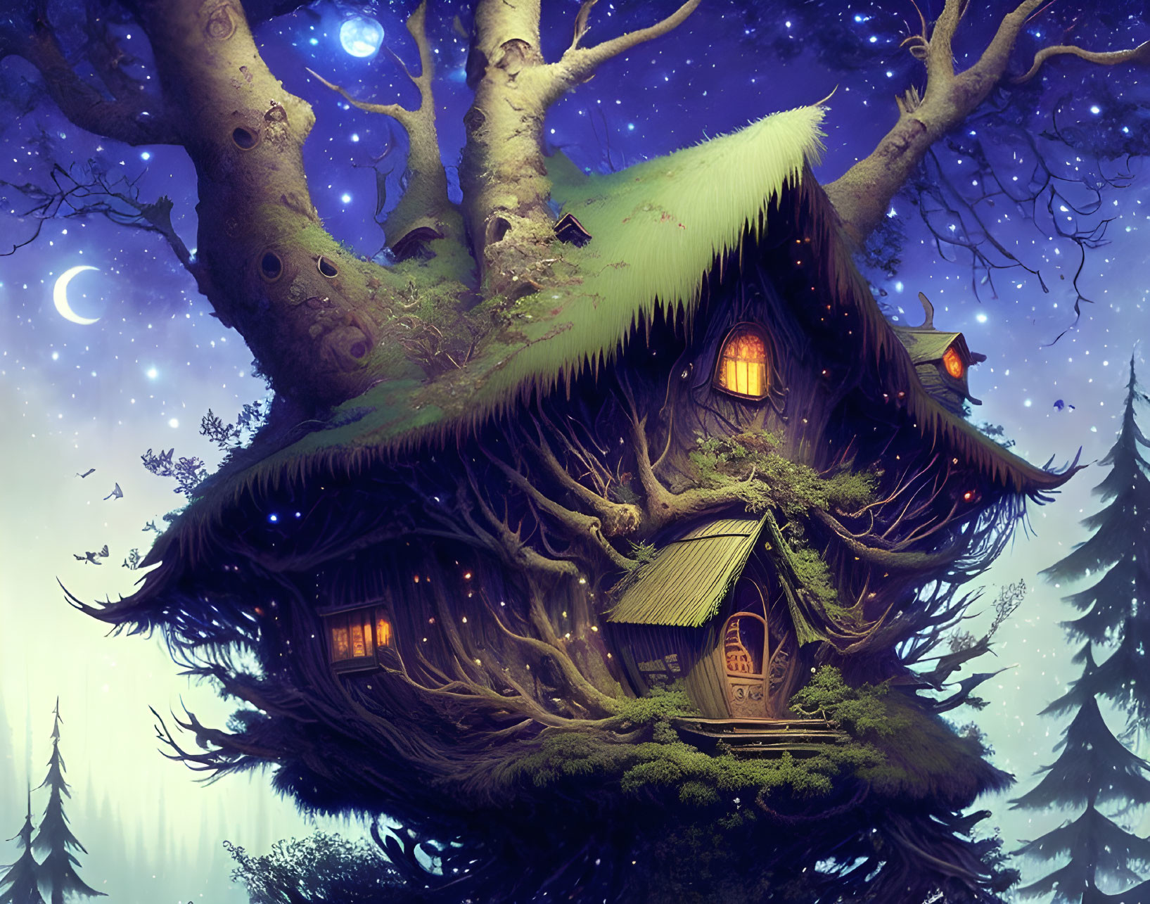 Cozy treehouse with lit windows in mystical forest