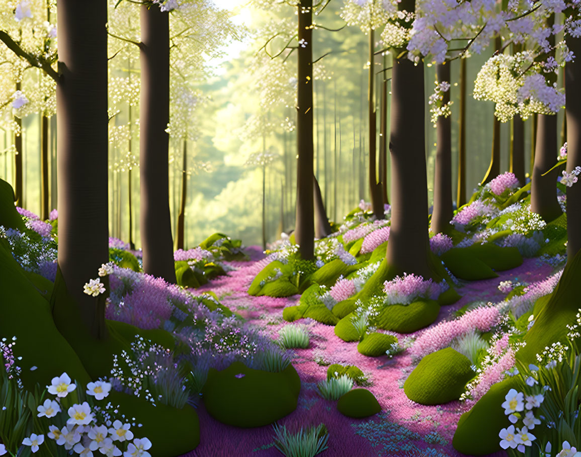 Vibrant forest floor with purple flowers and green moss under tall trees