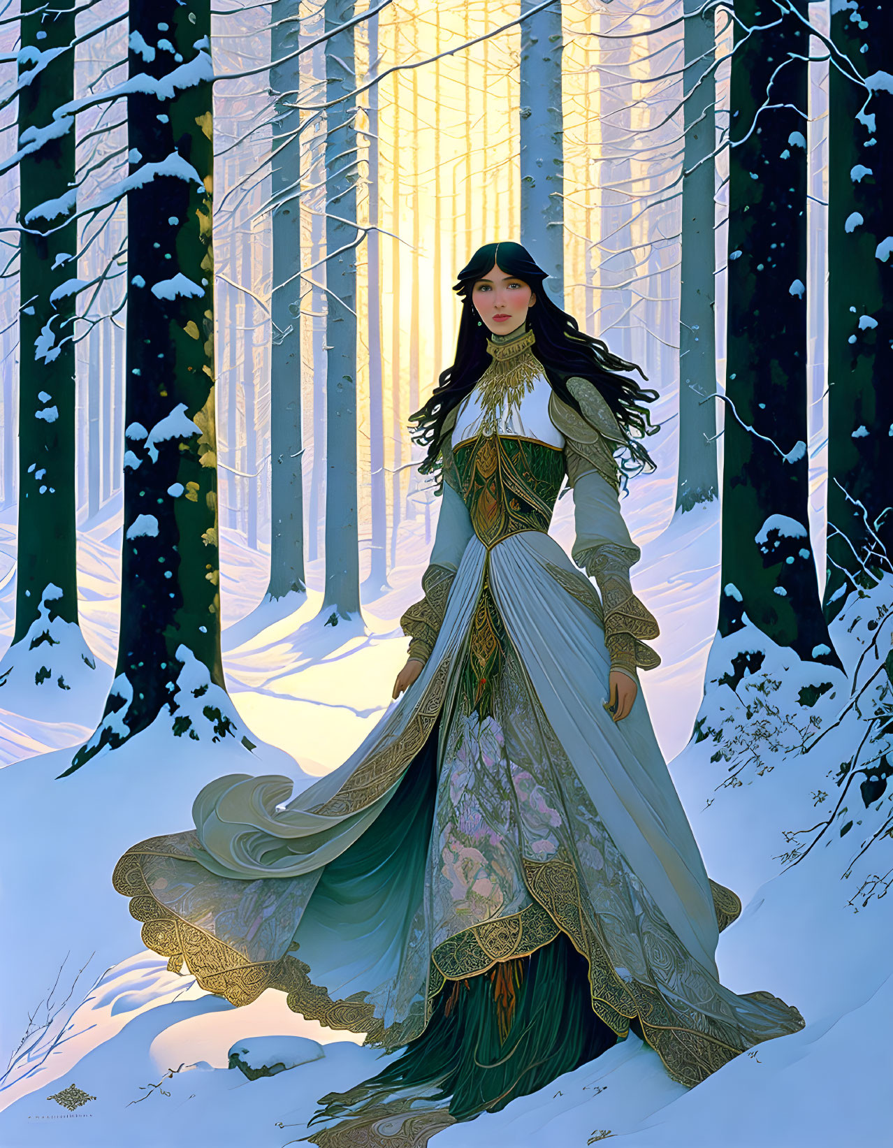 Regal Woman in Flowing Gown in Snowy Birch Forest