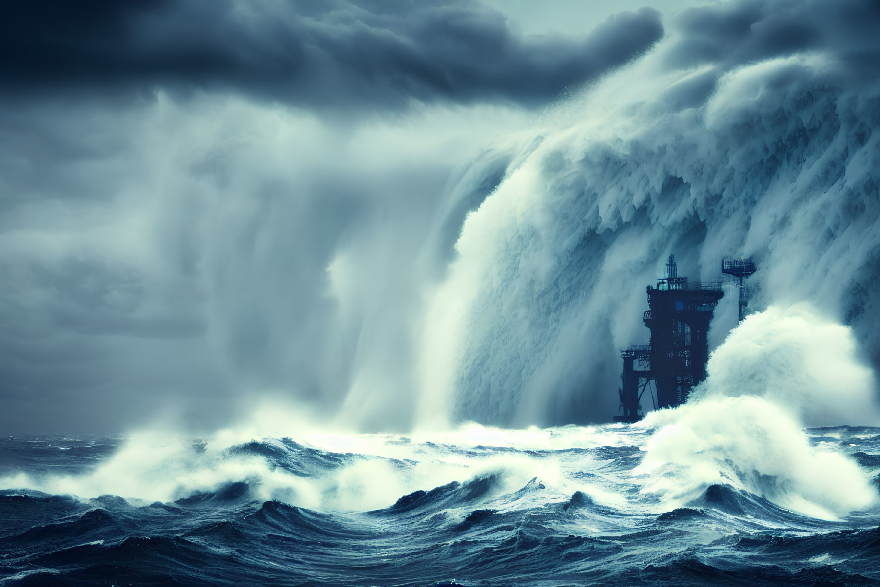 Offshore platform in stormy ocean with massive waves