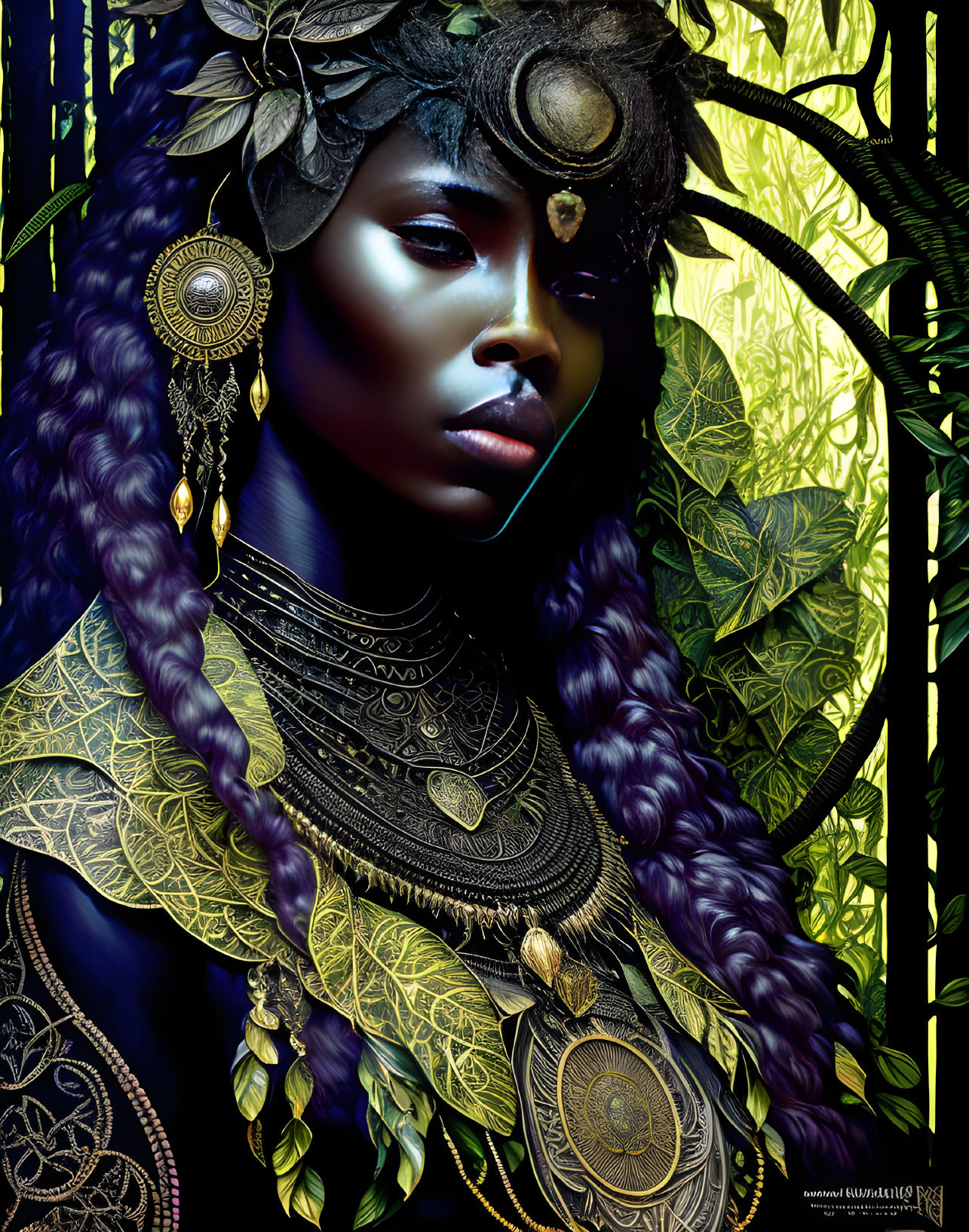 Illustrated woman adorned with gold jewelry and braids on dark background with golden foliage