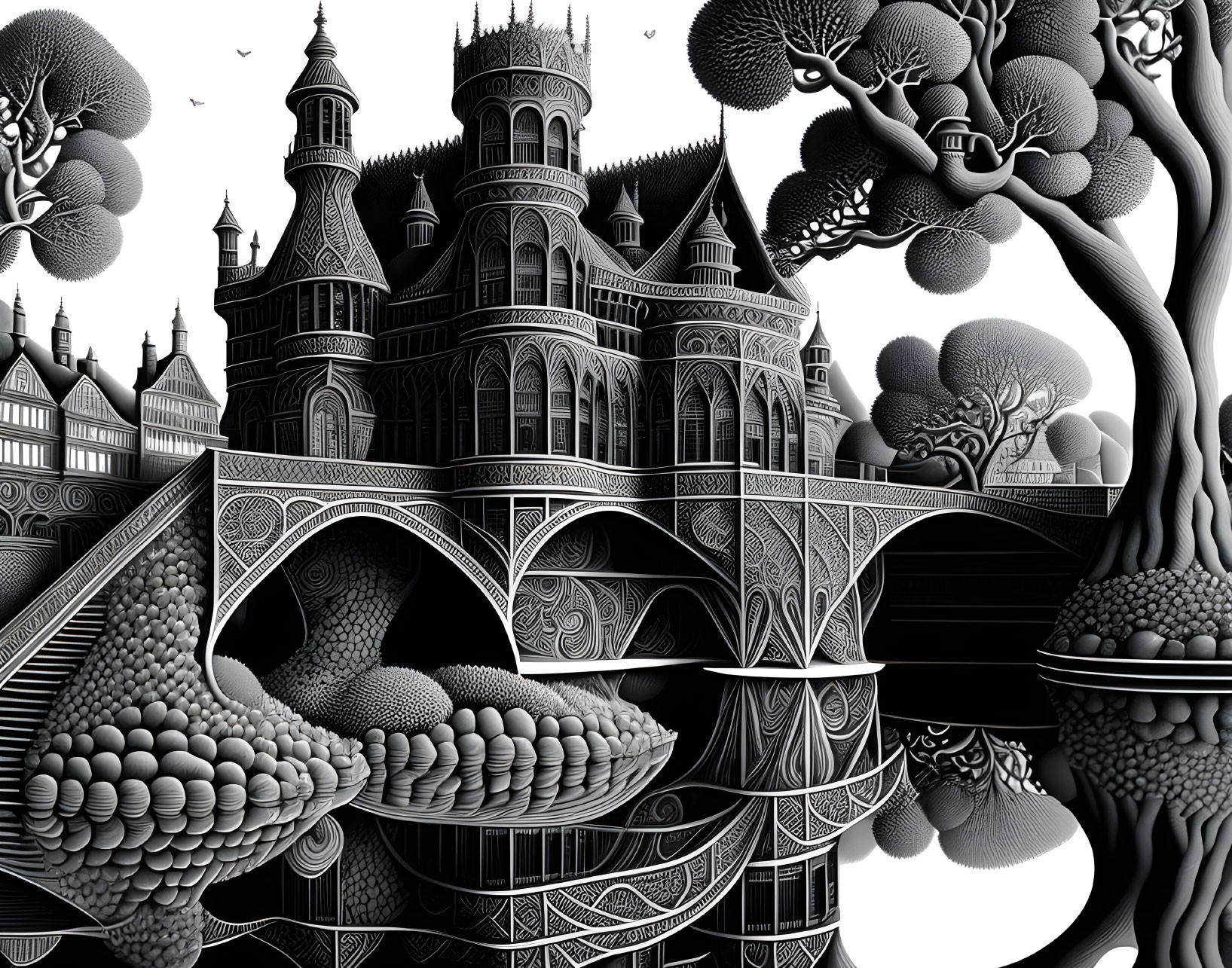 Detailed Monochrome Fantasy Castle Illustration with Escher-like Style