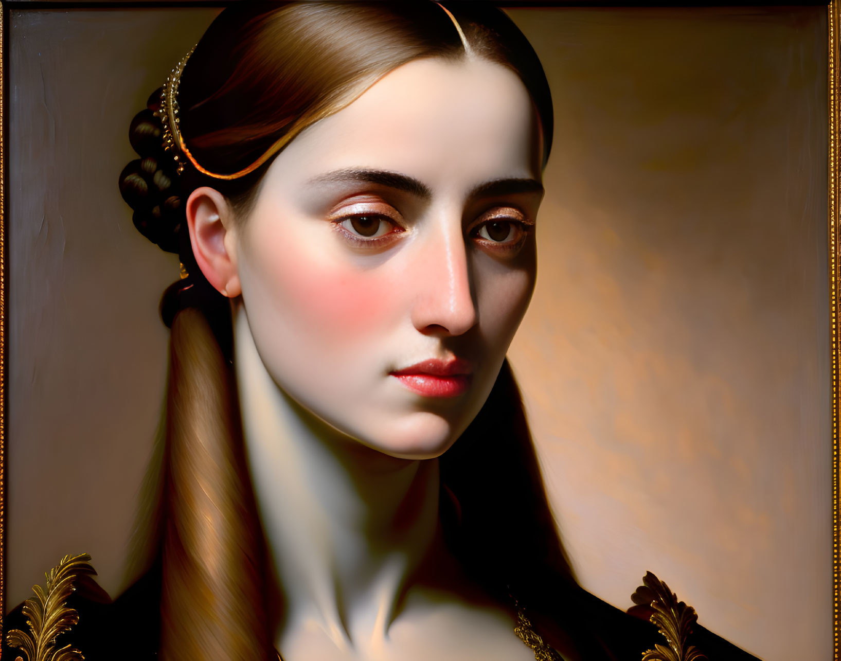 Detailed Hyper-Realistic Portrait of Woman with Headband and Solemn Expression